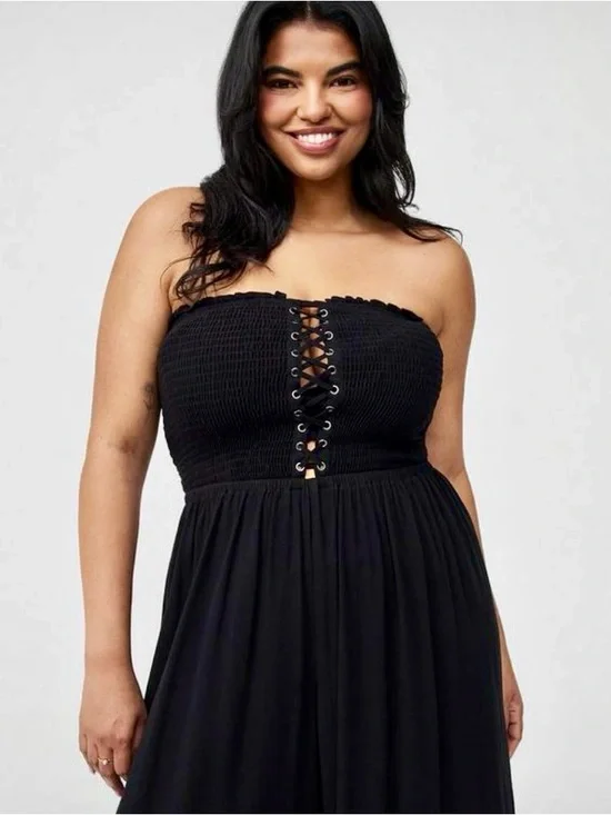 Torrid Smocked Lace Up Strapless Culotte Jumpsuit - Size 1X - NWT! - Picture 3 of 10